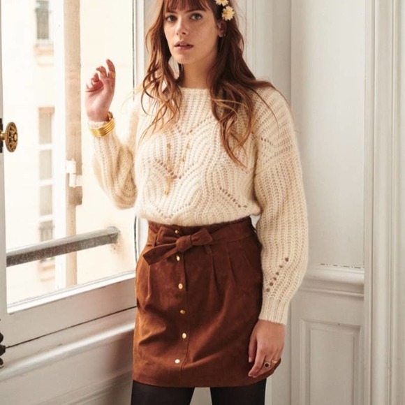 Sezane Tesse Suede Mini Skirt Brown Paper Bag Tie Waist Brown - Picture 2 of 7